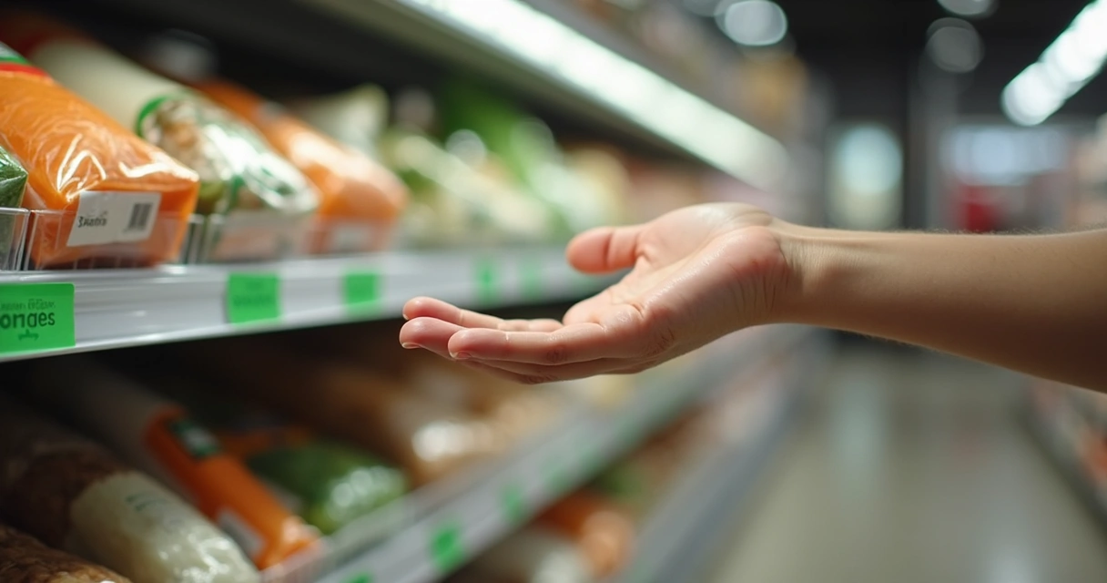 Mano dudando entre dos productos, uno con etiqueta sostenible, en supermercado moderno 