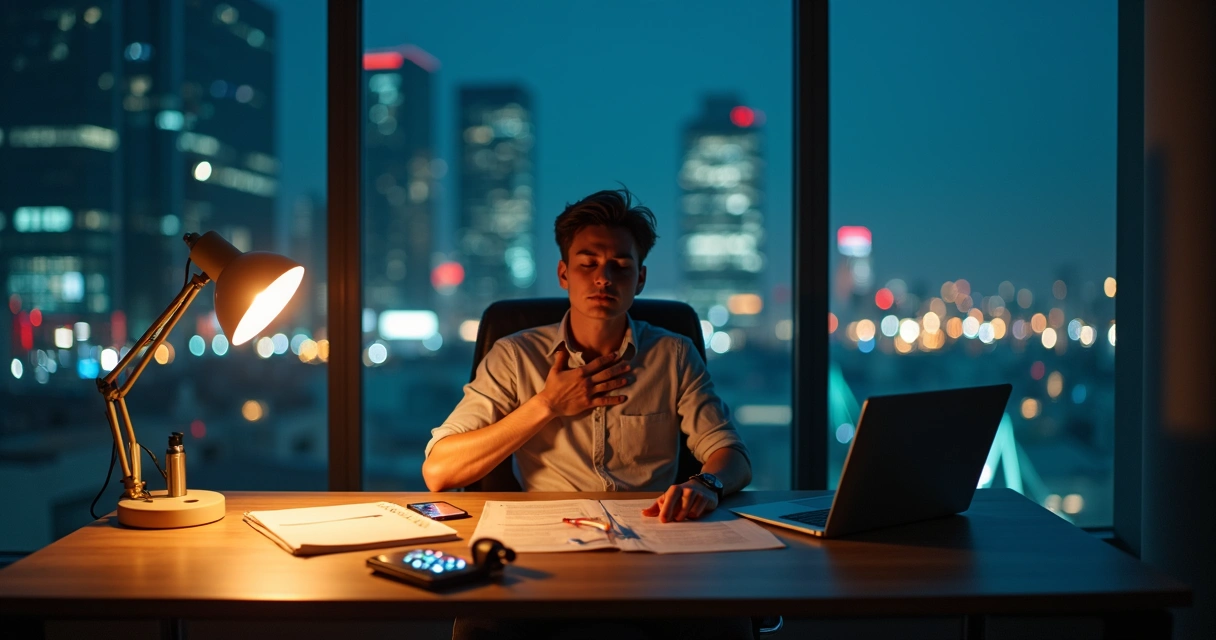 Persona en oficina respirando profundo antes de decidir bajo presión 