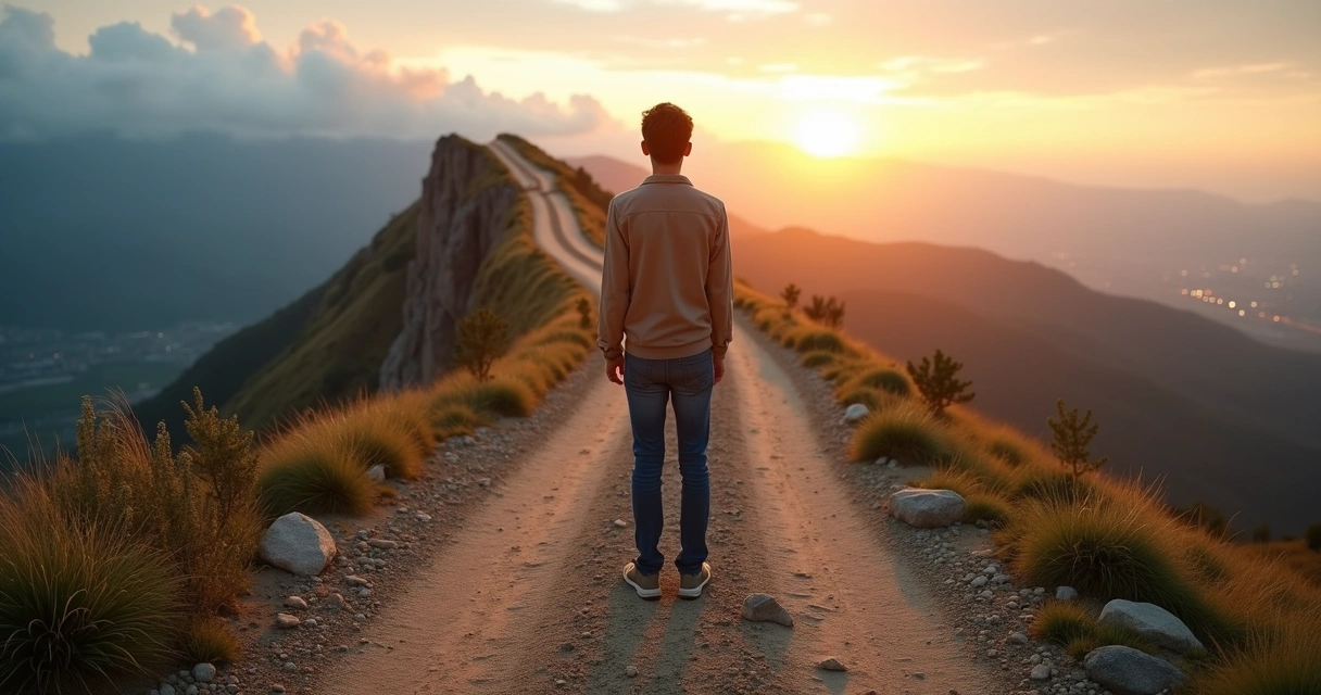 Persona observando un cruce de caminos desde una montaña al amanecer 