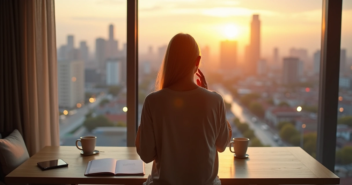 Persona reflexionando antes de tomar una decisión cotidiana frente a la ciudad al amanecer 