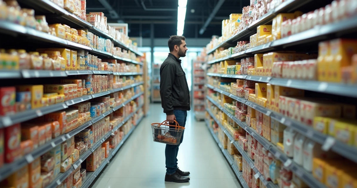 Persona eligiendo entre varias opciones en un pasillo de supermercado 