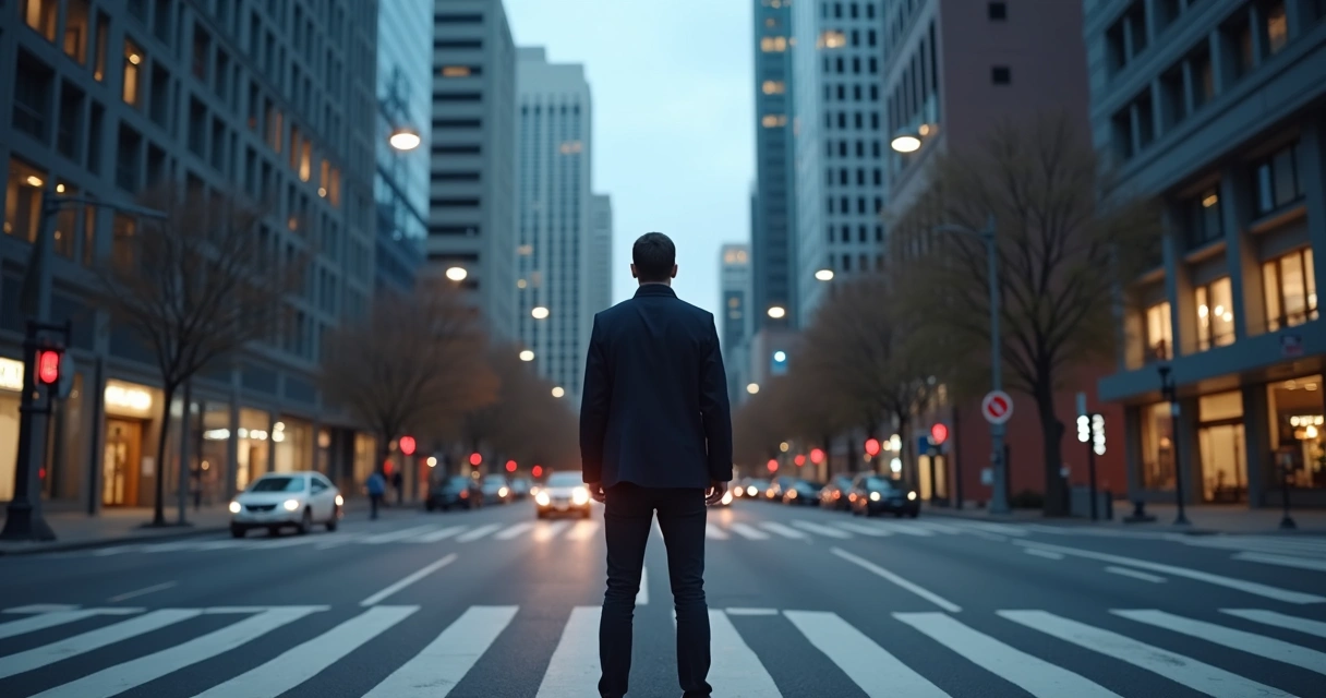 Persona pensativa frente a dos caminos en la ciudad 
