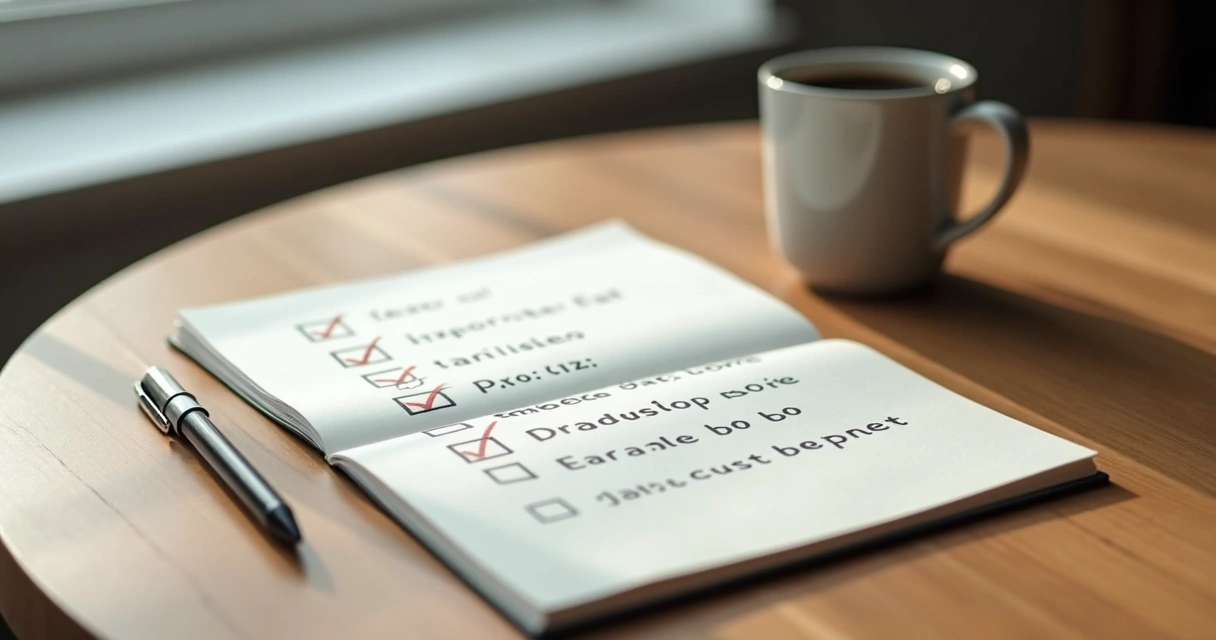Cuaderno abierto con lista de decisiones y taza de café sobre una mesa 