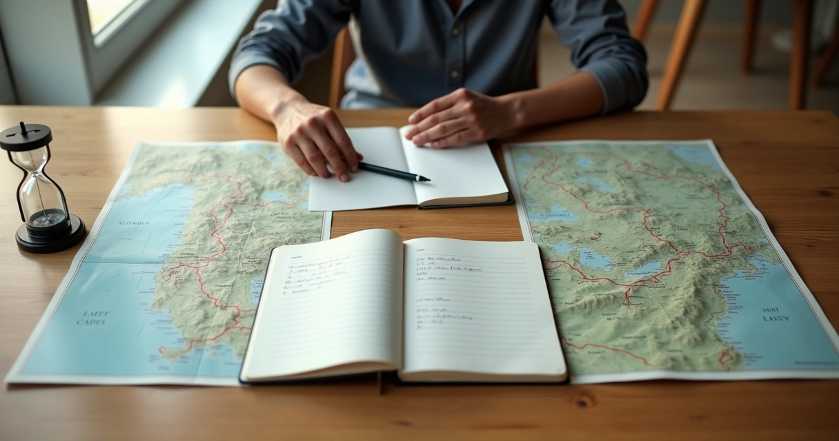 Persona revisa mapas y criterios sobre una mesa para tomar una decisión difícil 