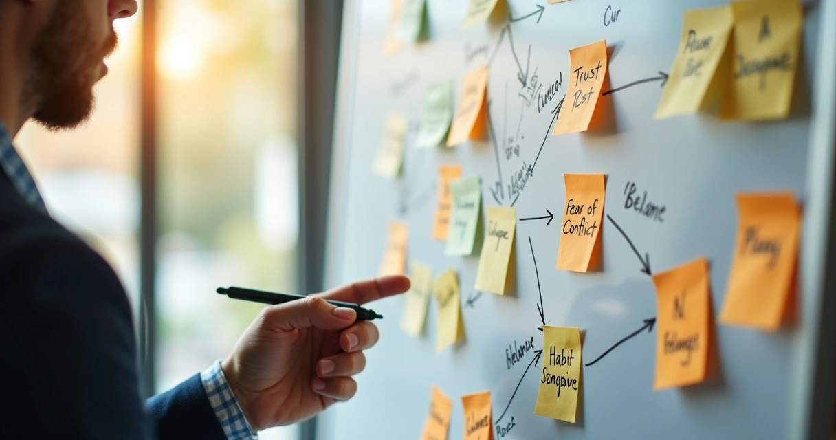 Whiteboard with group decision driver map and sticky notes