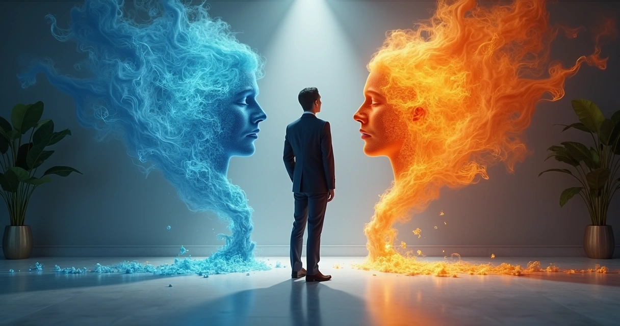 Persona reflexiva con entorno de colores abstractos y caminos divergentes 