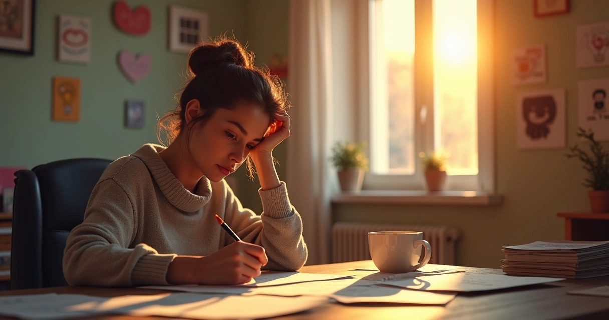 Persona reflexionando en su escritorio con papeles y una taza de café al atardecer 