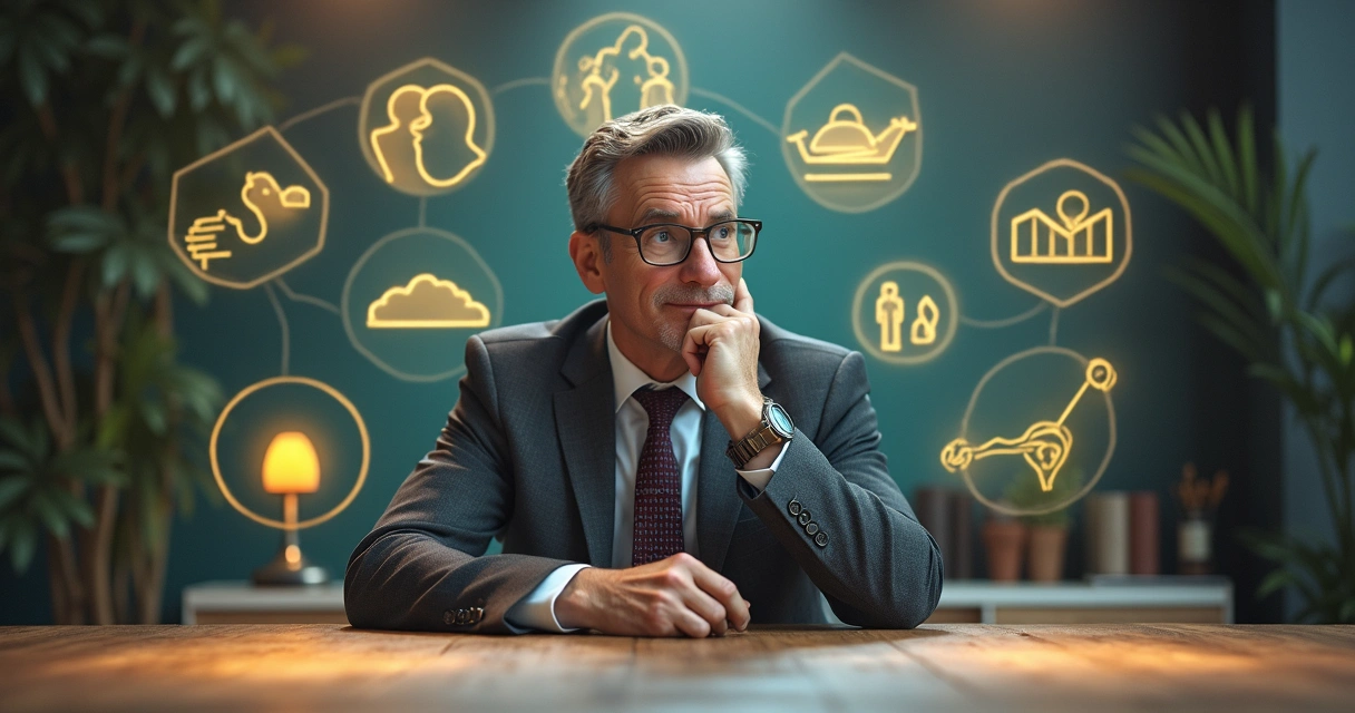 Líder empresarial tomando decisión rodeado de representaciones sociales y medioambientales