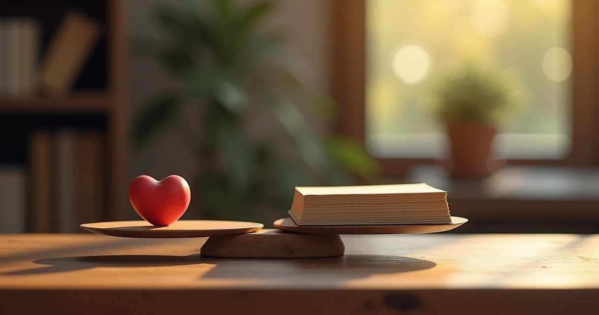 Balanza con objetos simbólicos de valores en lados opuestos 