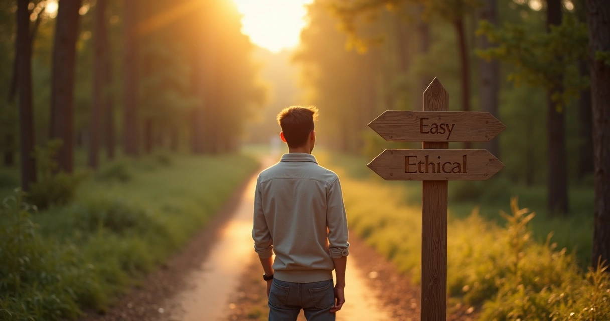 Persona eligiendo un camino ético en una bifurcación de senderos 