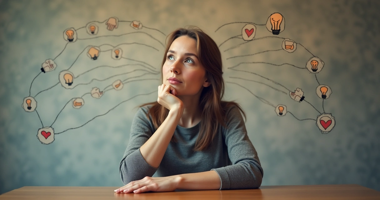 Persona reflexionando frente a varias opciones con símbolos de caminos y emociones representadas