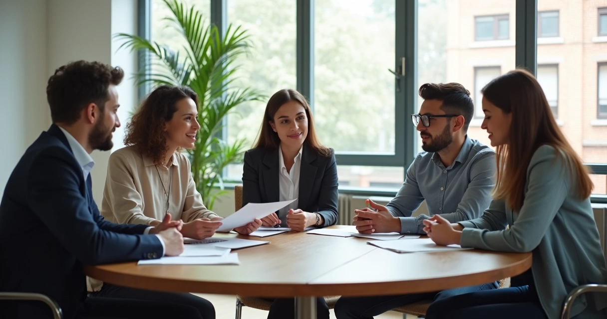 Grupo de personas debatiendo una decisión en torno a una mesa circular 