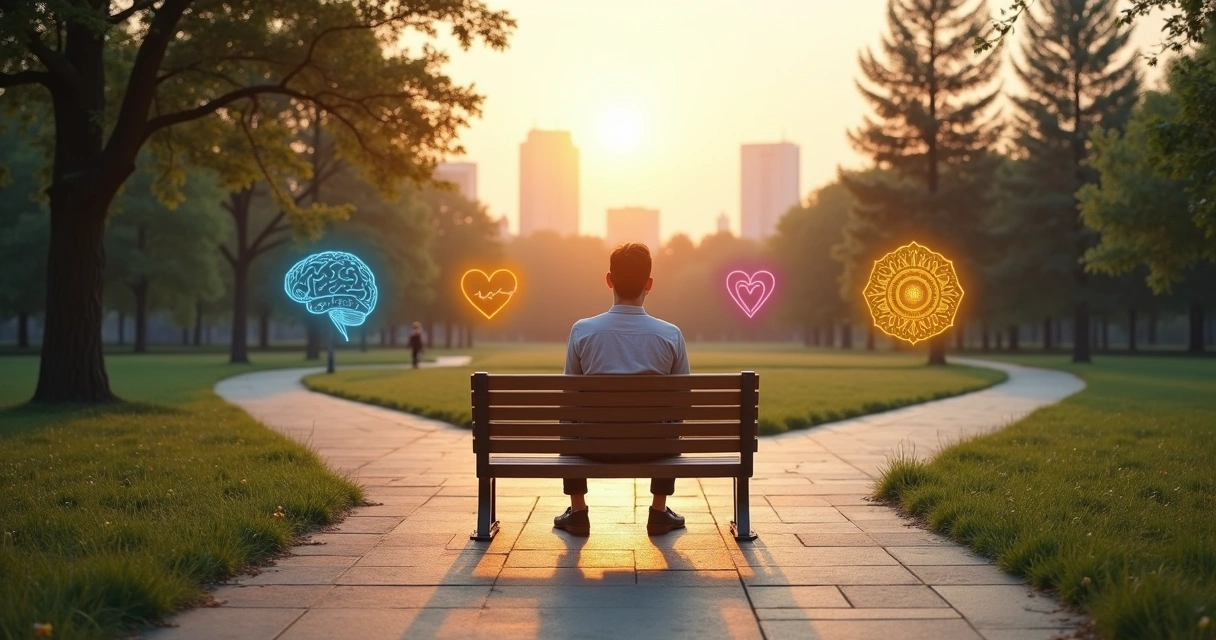 Persona reflexionando ante una encrucijada con símbolos de mente, corazón y conciencia 
