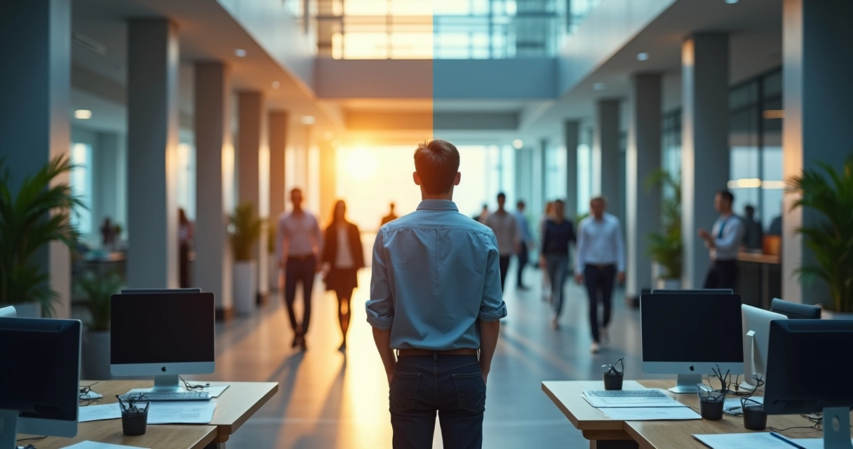 Persona en oficina decidiendo entre dos caminos 