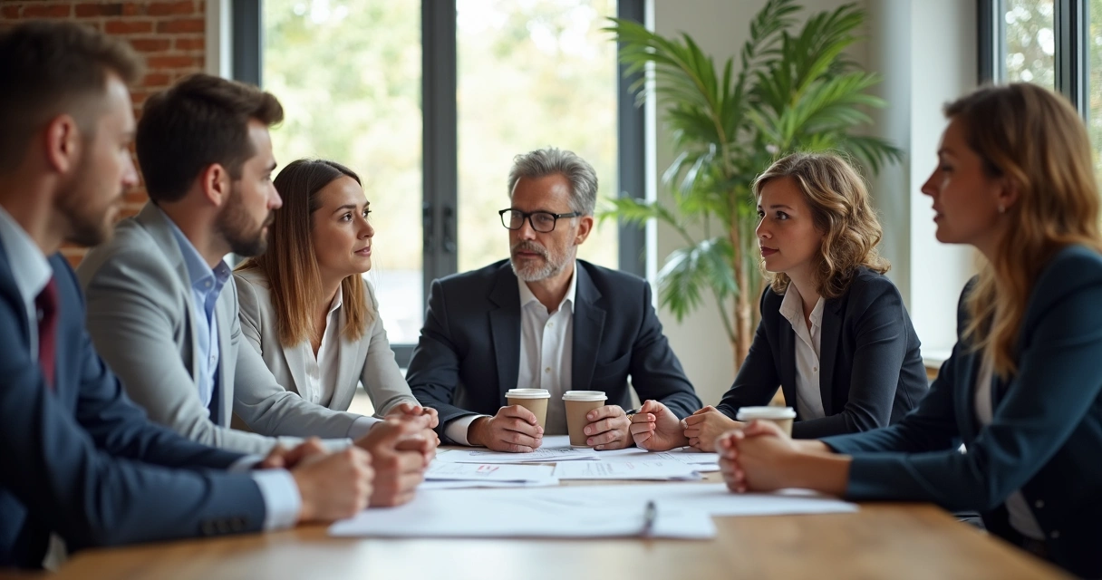 Grupo de personas reunidas tomando una decisión en mesa de trabajo