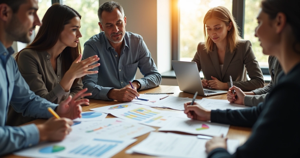 Personas discutiendo opciones sobre una mesa con hojas y gráficos