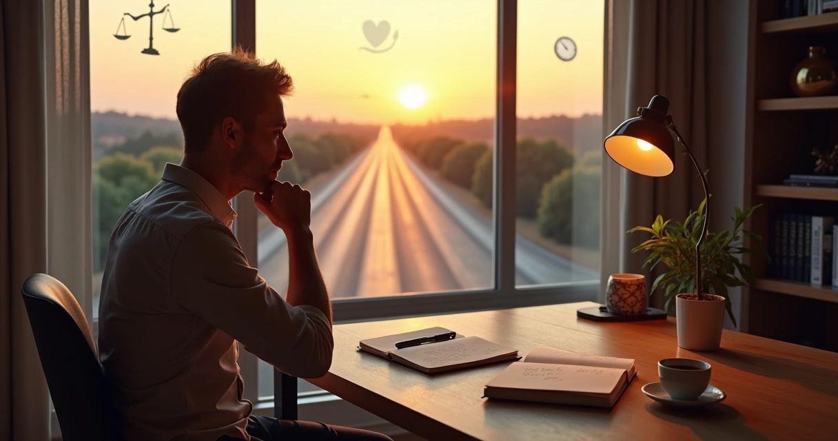 Persona reflexionando ante un cruce de caminos con símbolos de ética y decisiones 