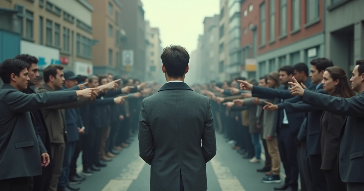 Persona parada en un cruce de caminos, rodeada de grupos señalando diferentes direcciones