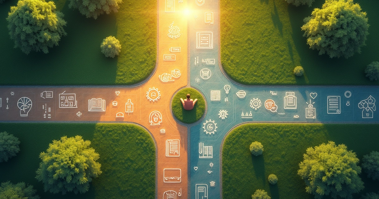 Dos caminos que se separan, uno rodeado de símbolos de ley y otro con símbolos de reflexión personal 