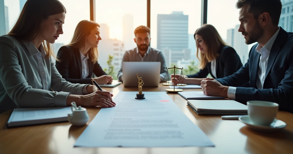 Equipo de trabajo tomando una decisión ética alrededor de una mesa en oficina moderna 