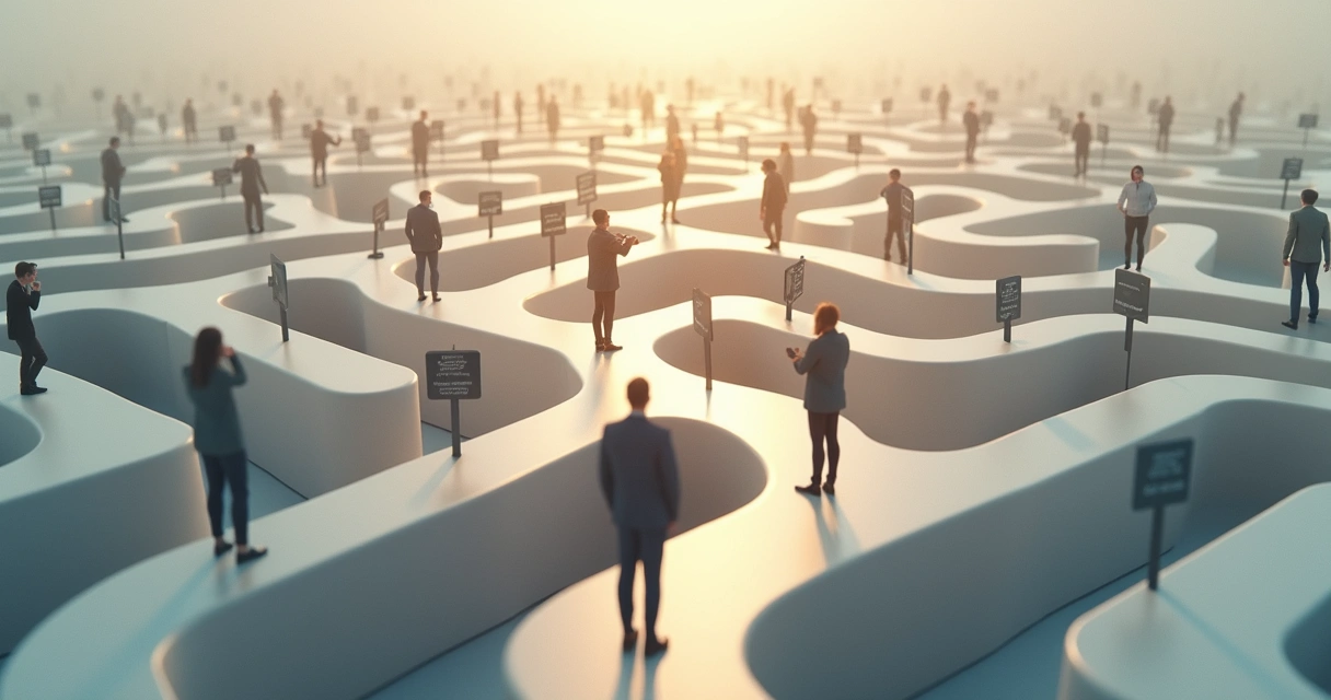 Visual representation of decision fatigue with multiple paths and people making choices 