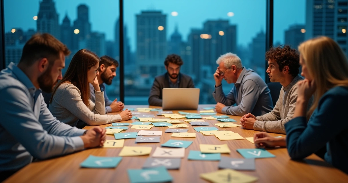 Overhead view of diverse team around table overwhelmed by many choice cards 