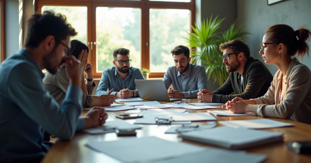 Team sitting around a long table looking tired and uncertain during a meeting 
