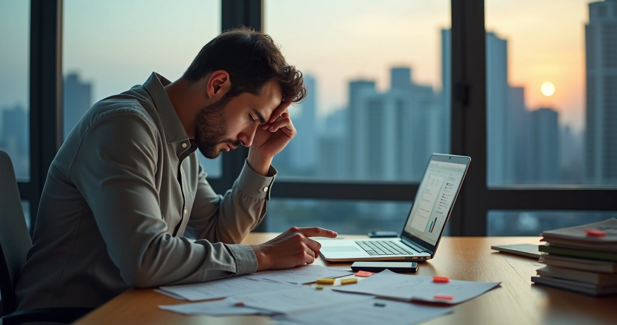 Overwhelmed professional at desk surrounded by choices and screens 