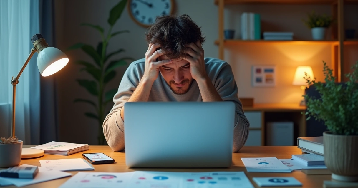 Person overwhelmed by decisions sitting at a desk surrounded by choices 