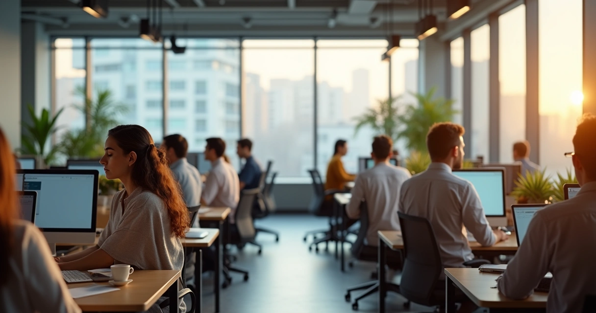 Office workers practicing mindfulness at their desks 
