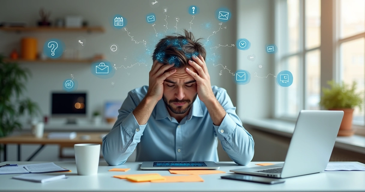 Overwhelmed person at desk surrounded by choices and digital notifications 