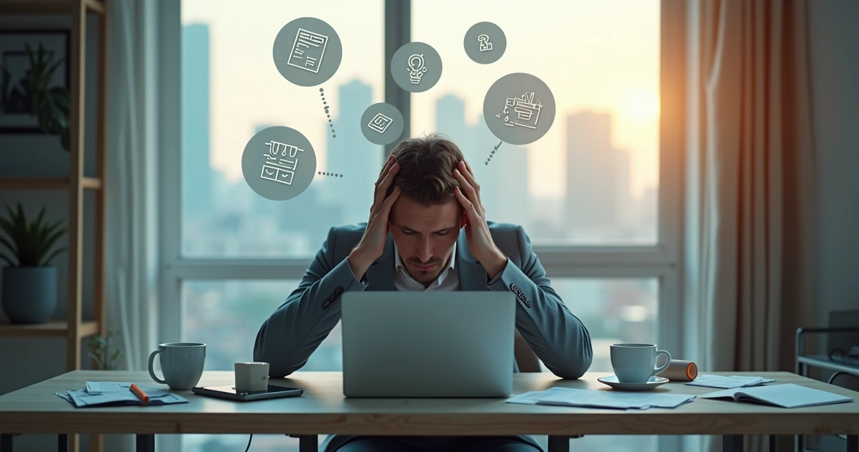 Overwhelmed person at desk surrounded by scattered choices and decision symbols 