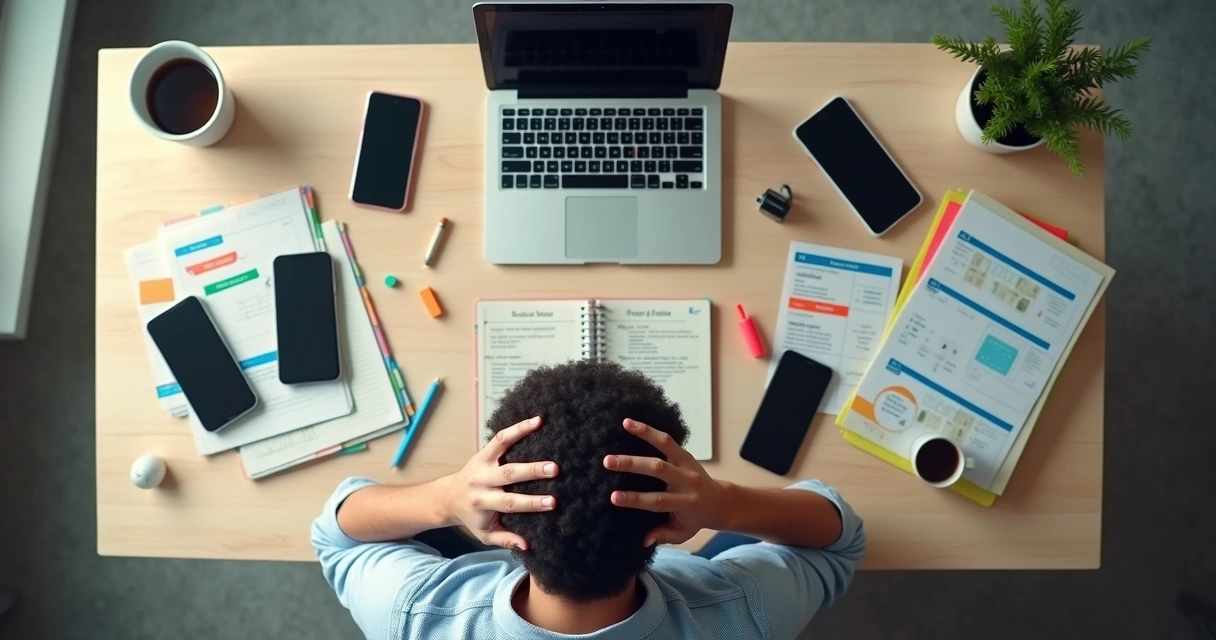 Overhead view of a person at a desk overwhelmed by many choices 
