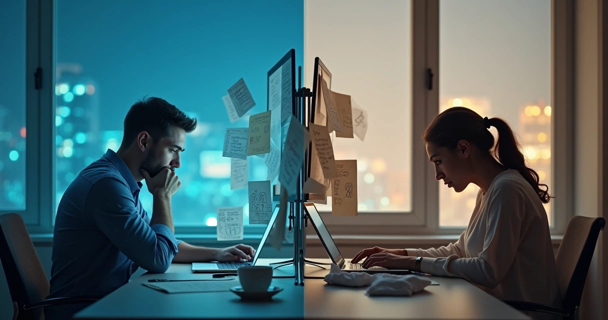 Split-screen of a person showing decision fatigue on one side and emotional exhaustion on the other 