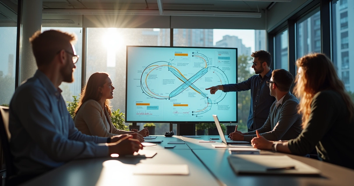Visual diagram of a decision feedback loop with people collaborating 