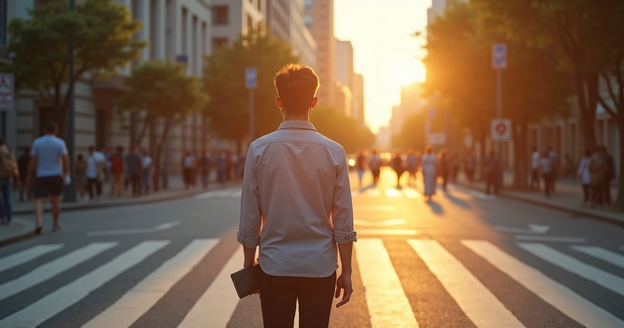 Persona frente a un cruce de caminos con símbolos filosóficos al decidir 