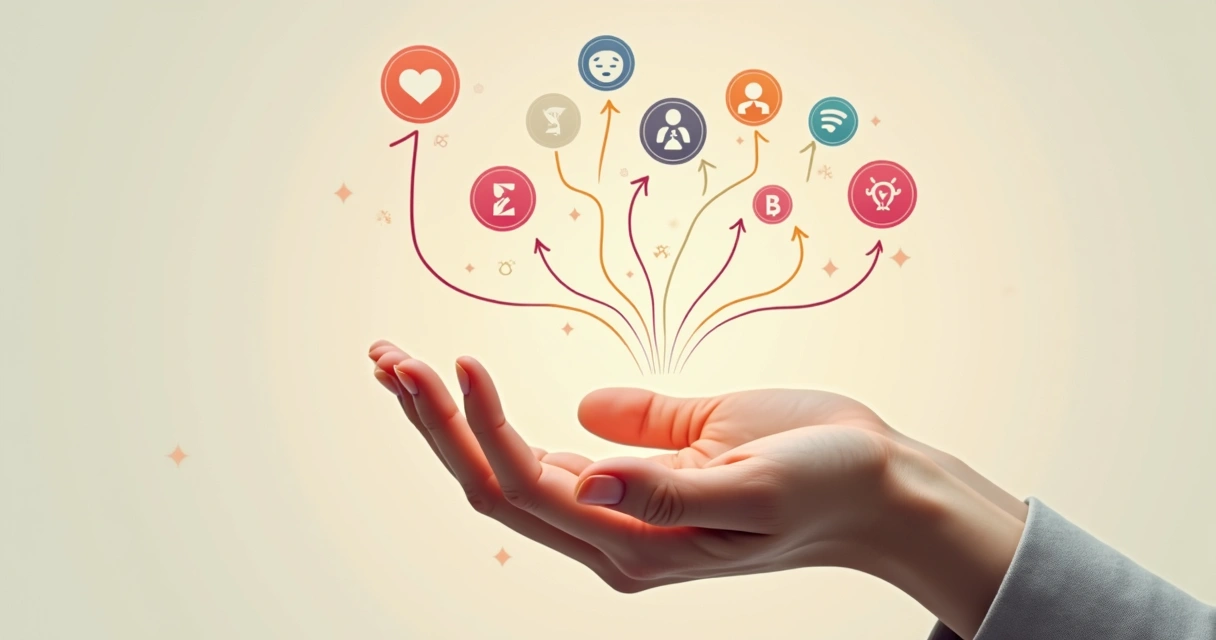 Hands holding different symbols for emotions and connections, surrounded by branching arrows 