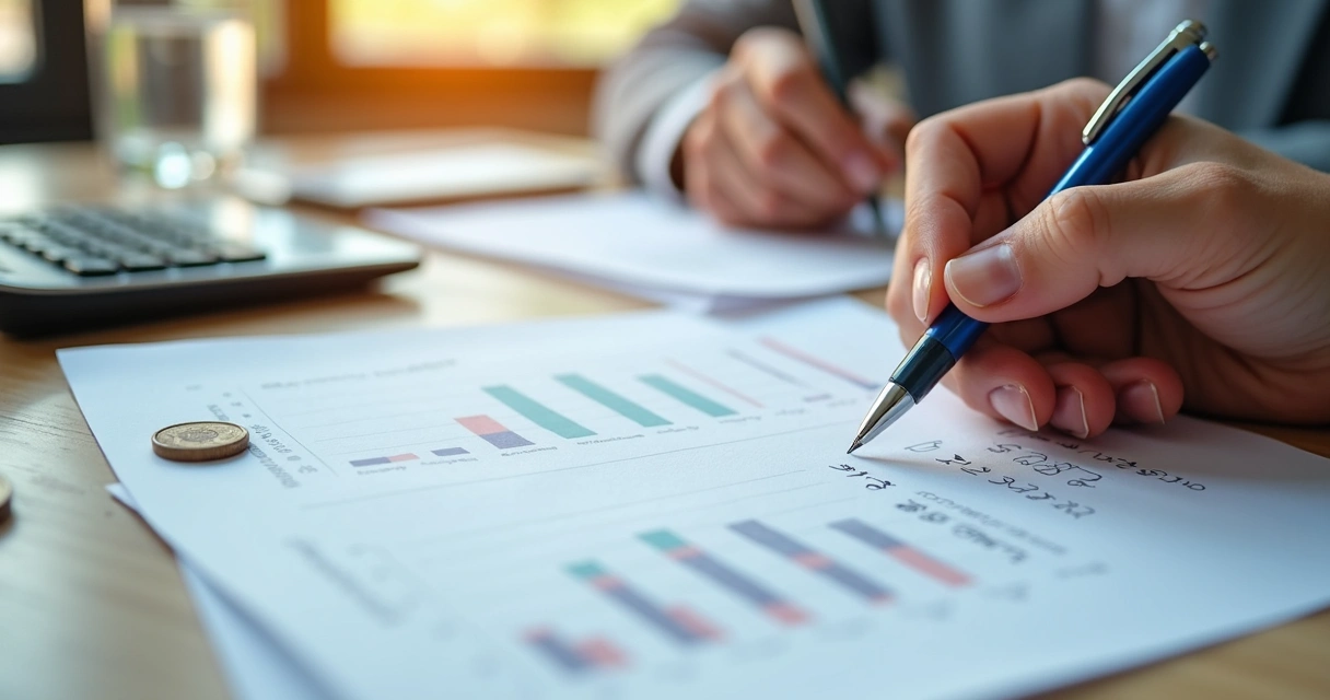 Manos comparando opciones financieras con gráficos y notas en escritorio 