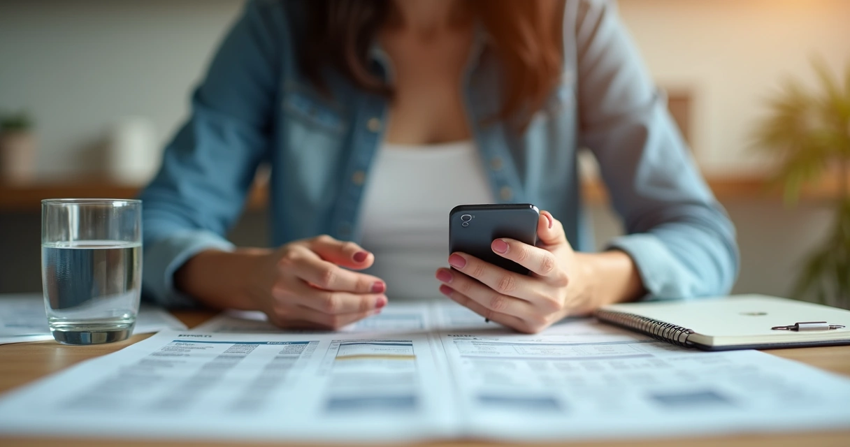 Persona en calma comparando opciones financieras con libreta y teléfono