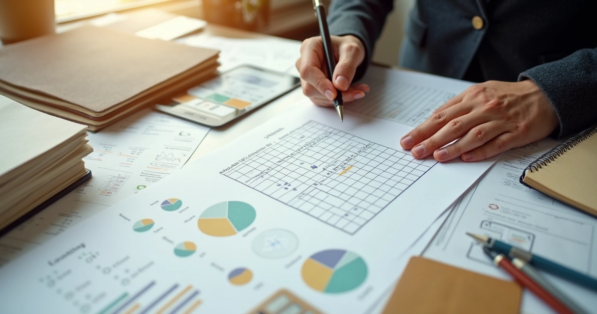 Person reviewing a decision matrix at a desk with charts and notes