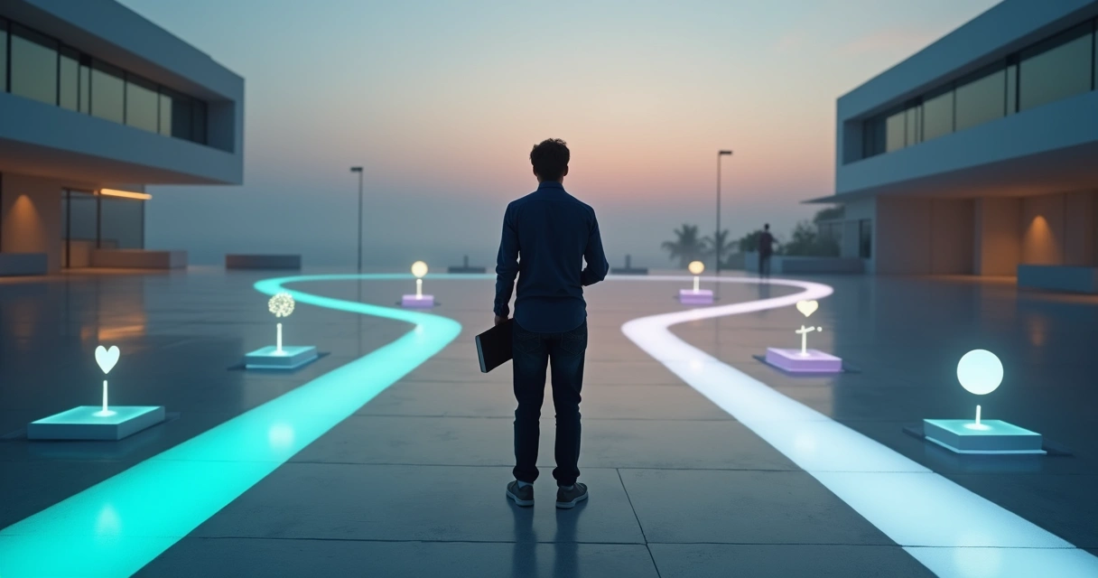 Person at crossroads with five illuminated paths representing key decisions 