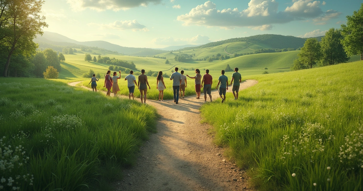 Grupo de personas eligiendo caminos diferentes al aire libre