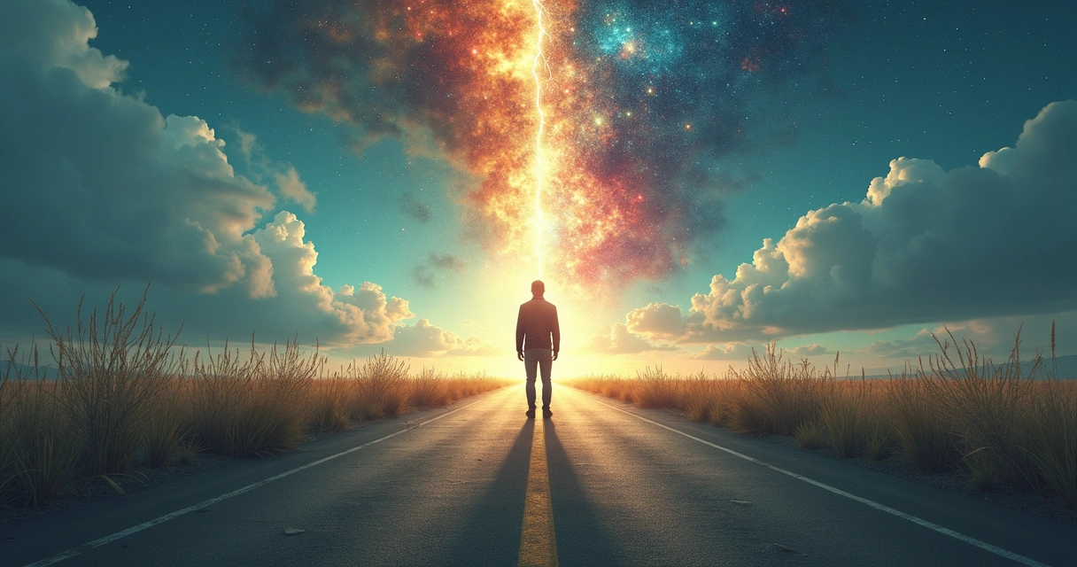 Persona eligiendo entre dos caminos, ilustración conceptual con símbolos de conciencia y sociedad 