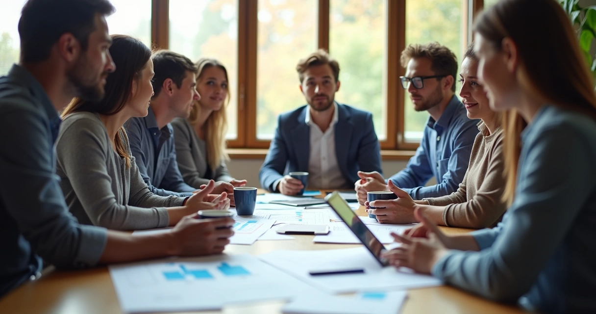 Small group discussing around a table with charts and papers, all focused, window in the background 