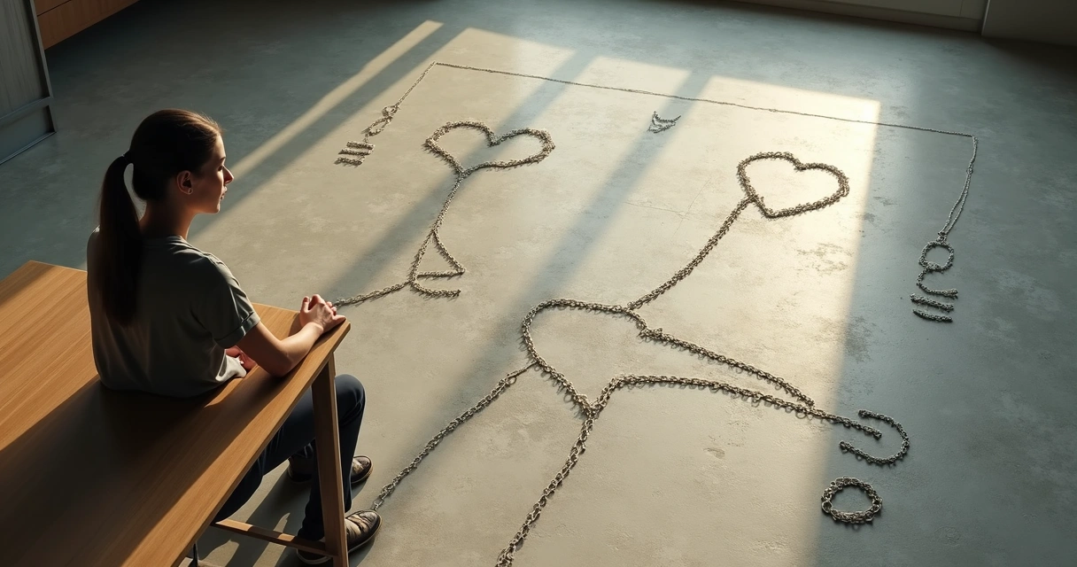 Mujer sentada en una mesa mirando hacia varias rutas, cada una con símbolos familiares en los caminos. 