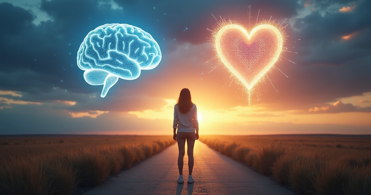 Person at a crossroads with illuminated brain and glowing heart 