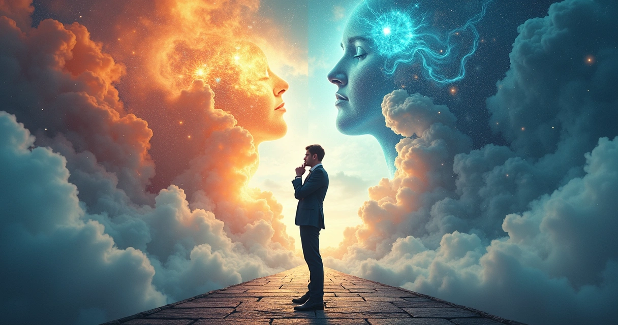 Businessperson at forked path with abstract clouds and gears, pondering decision 