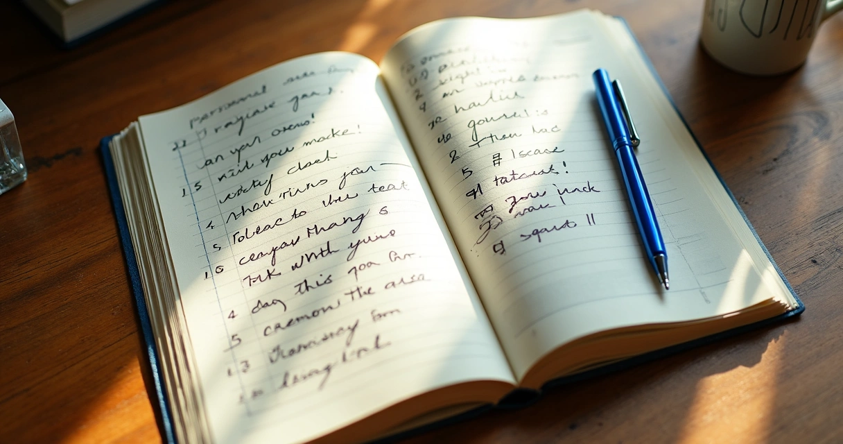 Open notebook with a pen and neatly written goals and decisions 