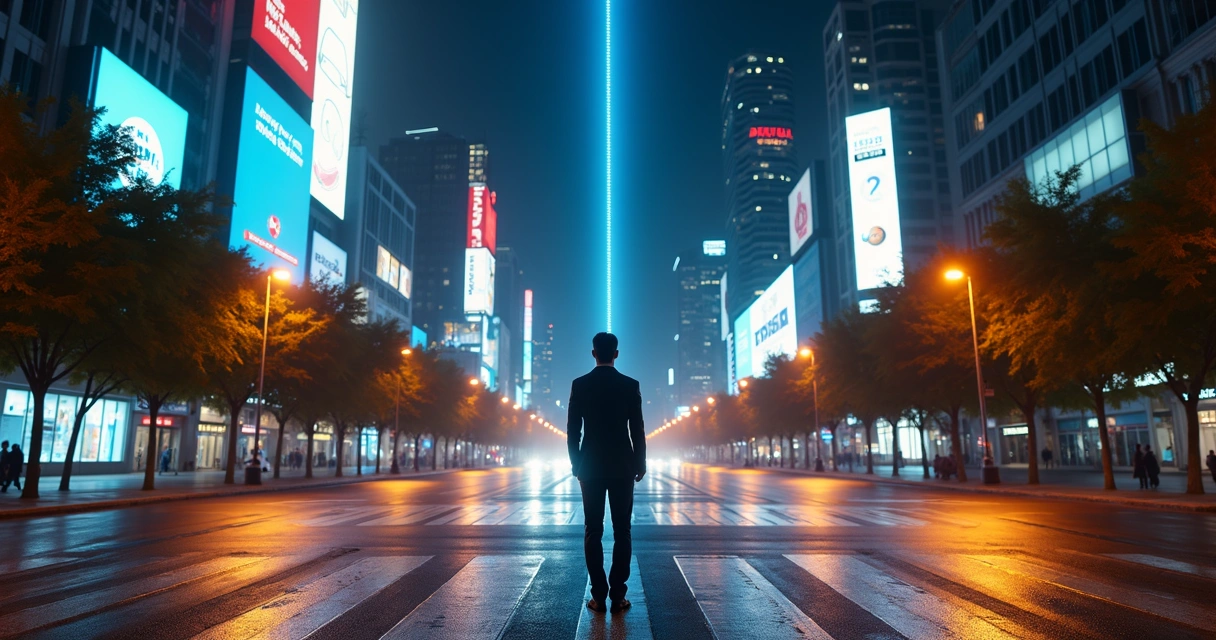 Profesional en cruce de calles iluminado eligiendo camino ético 