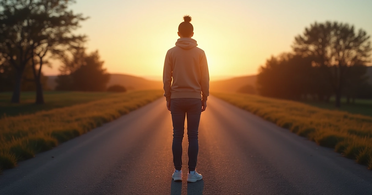 Persona en cruce de caminos eligiendo con calma y claridad 